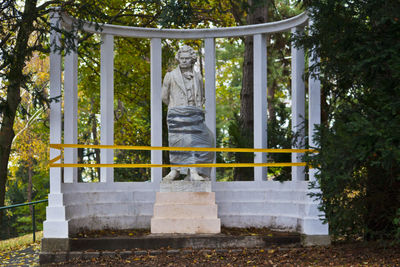 Rear view of man standing by statue