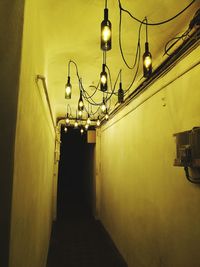 Illuminated light bulbs hanging from ceiling of building