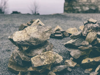 Close-up of stone stack on rock