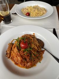 High angle view of food served in plate