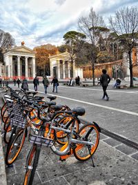 People on bicycle by road in city