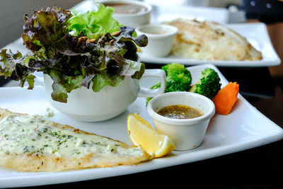 High angle view of meal served on table
