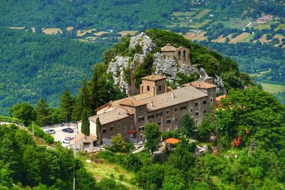 High angle view of religious buildings in land 