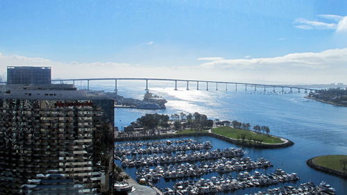 High angle view of harbor against sky