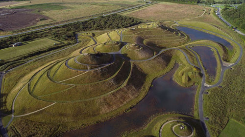Aerial view of northumberlandia, a giant land sculpture of a female