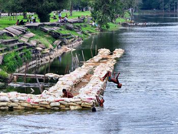 High angle view of boats in river