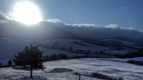 Scenic view of snow covered mountains against sky