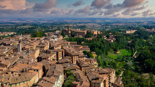 High angle shot of townscape against sky