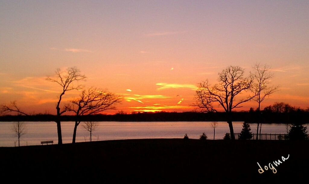 sunset, silhouette, bare tree, tranquil scene, scenics, tranquility, water, sky, beauty in nature, tree, orange color, nature, lake, idyllic, branch, cloud - sky, non-urban scene, outdoors, no people, sea