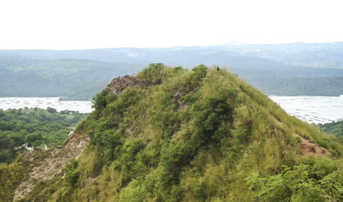 High angle view of trees and sea against sky