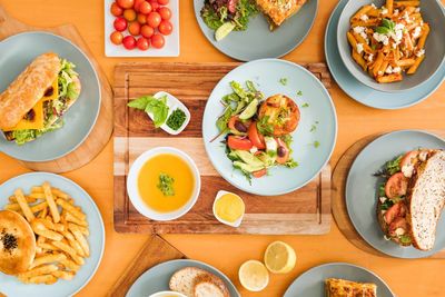 High angle view of meal served on table