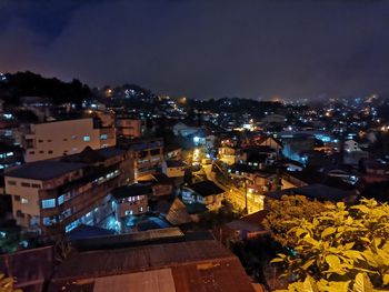 High angle view of illuminated townscape against sky at night