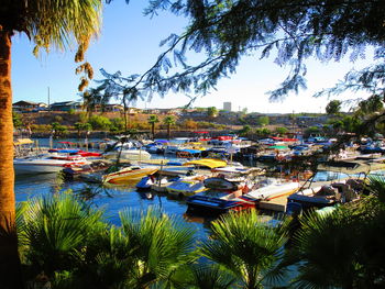 Boats moored at harbor against sky