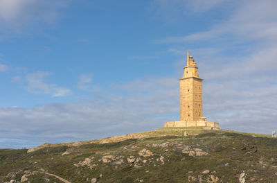 Low angle view of lighthouse on building against sky