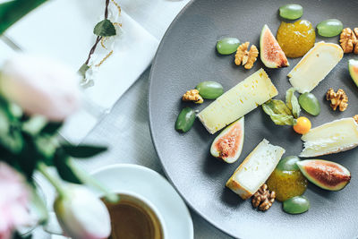 High angle view of breakfast on table