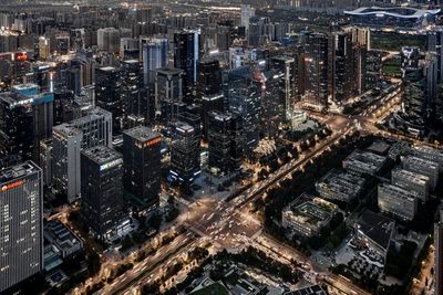 High angle view of buildings in city