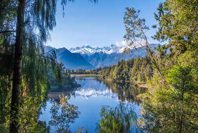 Scenic view of lake with mountains in background