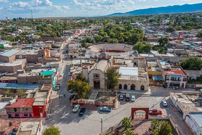 High angle view of townscape against sky