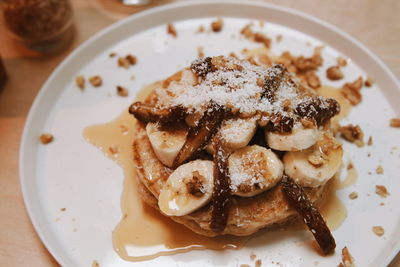 High angle view of dessert in plate on table