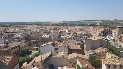 High angle view of townscape against clear sky