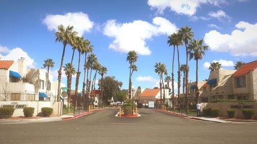 Road amidst trees and buildings against sky