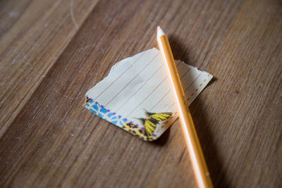 High angle view of leaf on table