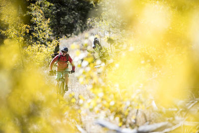 A woman mountain biking in the fall.