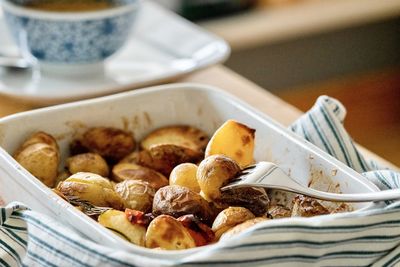 Close-up of breakfast served on table