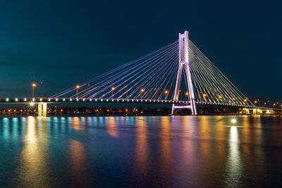 Illuminated suspension bridge at night