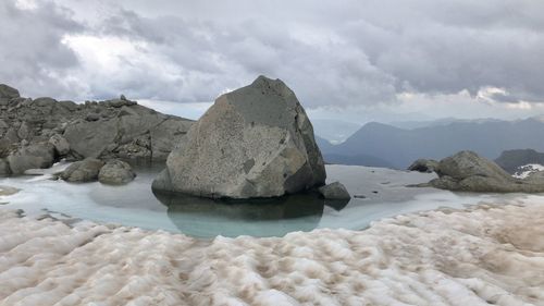 Rock formation in sea against sky