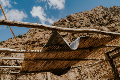 Low angle view of old roof and building against sky