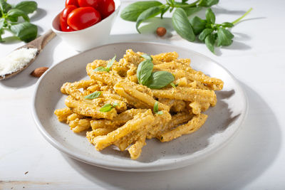High angle view of food in plate on table