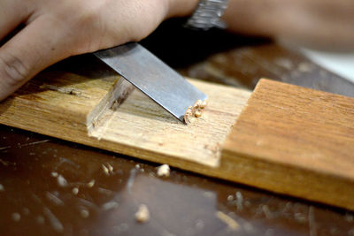 Close-up of hand holding wood