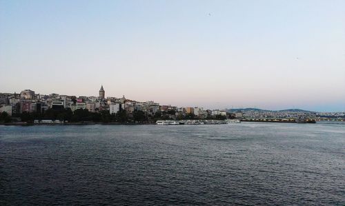 River in city against clear sky