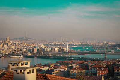 High angle view of galata bridge at sunset