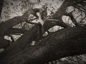 Woman sitting on tree trunk