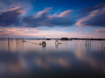 Scenic view of lake against sky during sunset