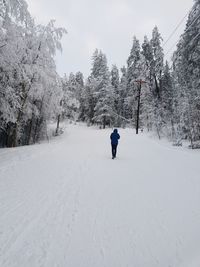 Rear view of man walking on snow covered landscape