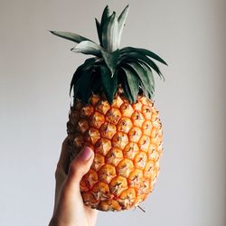 Close-up of hand holding fruit against white background