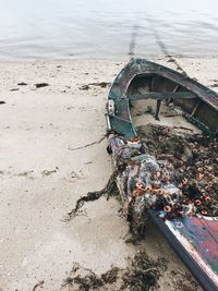 High angle view of abandoned boat on beach