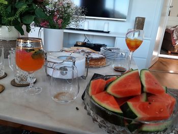 High angle view of breakfast on table