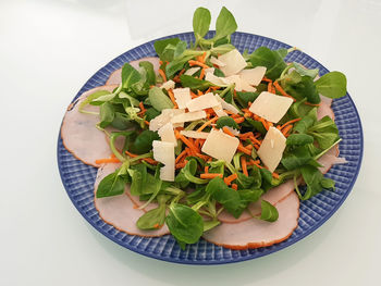 High angle view of chopped vegetables in bowl on table