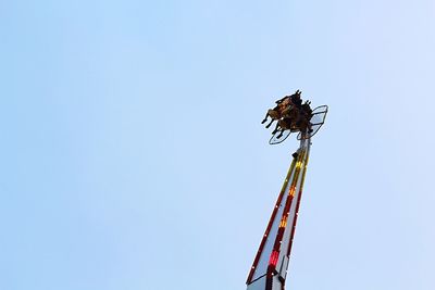 Low angle view of insect on pole against clear sky