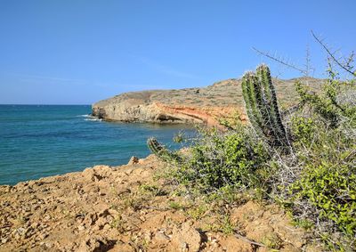 Scenic view of sea against clear blue sky