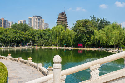 Scenic view of lake by buildings against sky