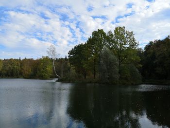 Scenic view of lake in forest against sky