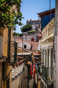 Low angle view of buildings against clear sky