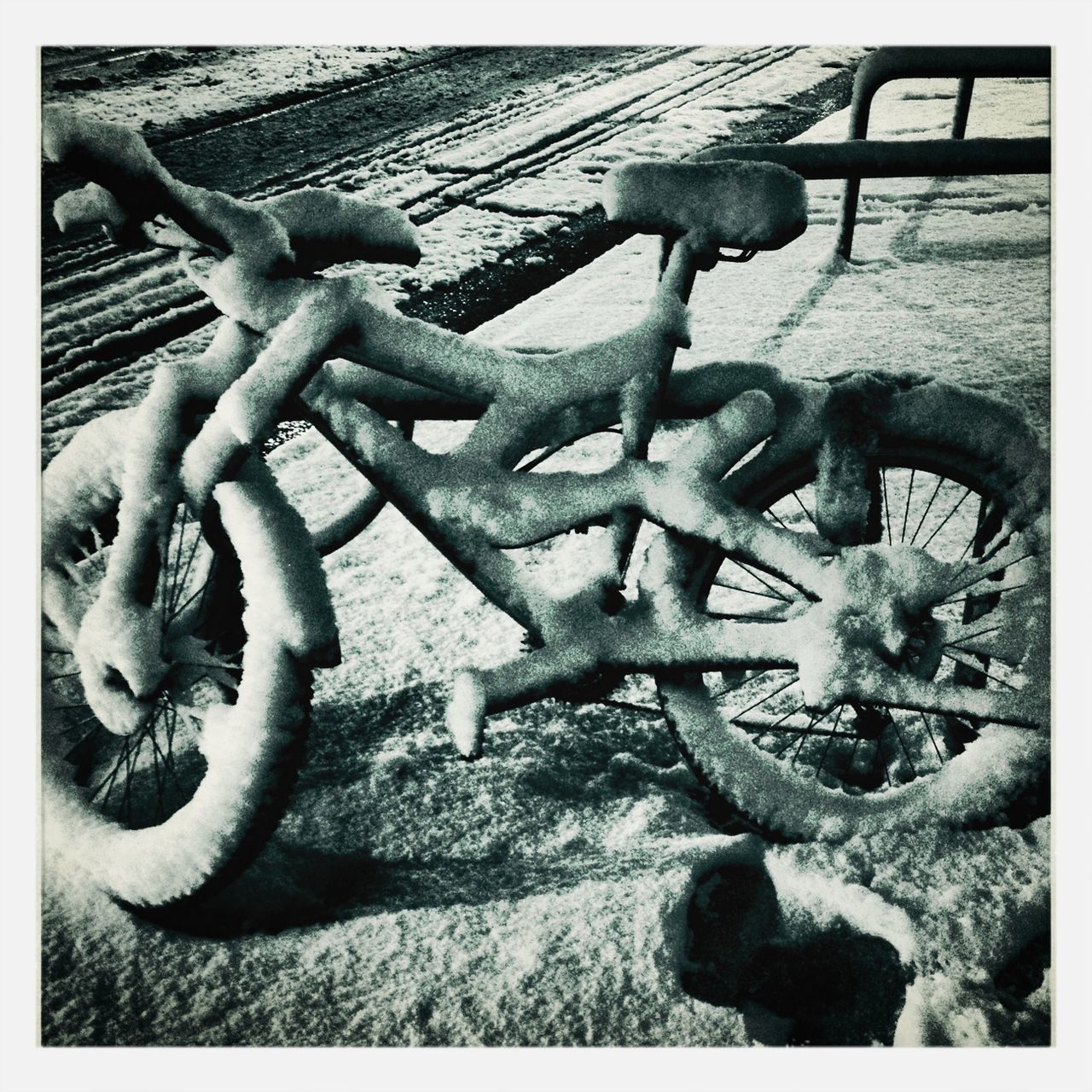 transfer print, metal, auto post production filter, transportation, land vehicle, rusty, wheel, old, mode of transport, abandoned, bicycle, metallic, deterioration, obsolete, close-up, damaged, stationary, high angle view, run-down, sunlight