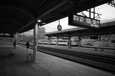 People waiting at railroad station platform