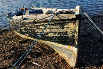 High angle view of boats moored at beach